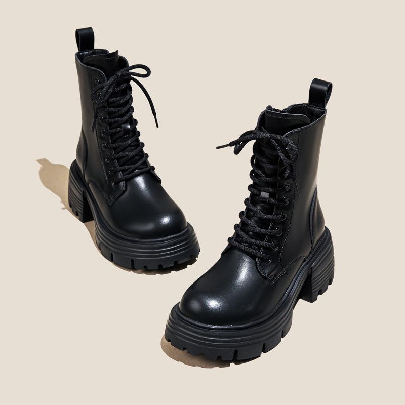 New platform Martin boots women's British style thick heel heightening short boots spring and autumn single boots winter velvet boots