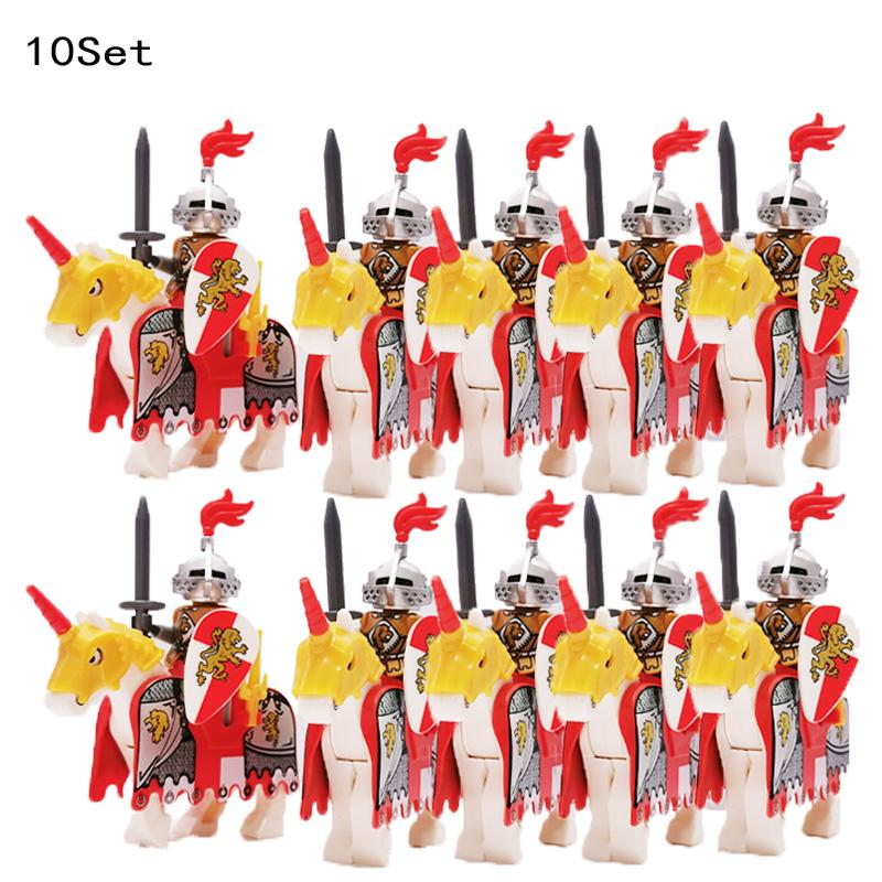 10 Sets Medieval Castle Knight Royal King's Red Dragon Black Warrior Soldier Rider with Horse Building Blocks Toys for Children