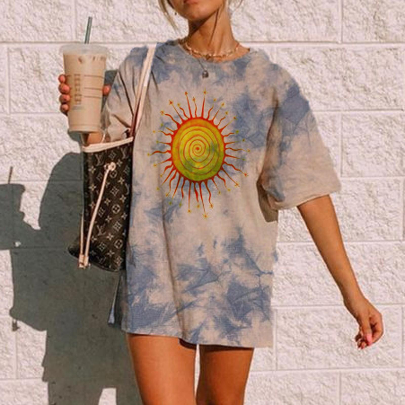 

Women s Casual Loose Tie-Dye Print Comfortable Short-Sleeved T-Shirt Tops XXL синій