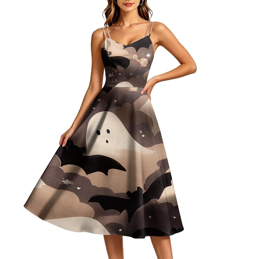 Women's Casual Halloween Print Round Neck Sleeveless Dress for Holiday Party