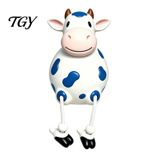 Cow Figurine Resin Statue, Cute Shelf Sitter with Dangling Rope Legs, Garden Decor for Patio Cartoon Farmhouse Animal Ornament Fence Railing, Planter,