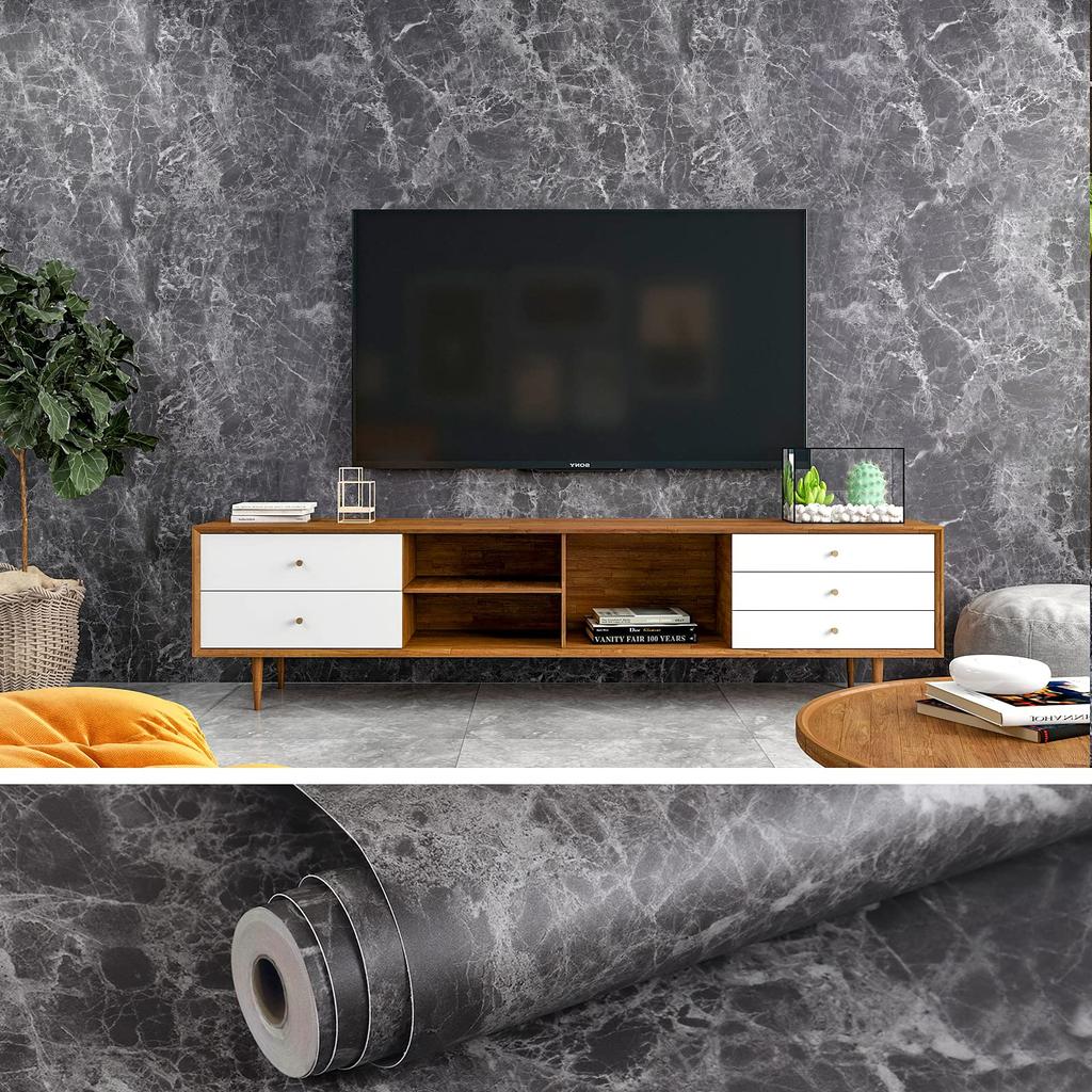 VEELIKE Marmor Tapetenaufkleber, Dick, Schwarz, Marmor-Look Tapete, Abziehbar, Schneidebogen, Innenraumfolie, Stein-Look, 40cm x 900cm, Einfache Anbringung