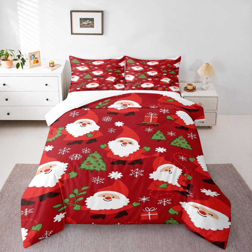 Duvet Cover Set Santa Claus Red Seamless Cartoon Tree Gifts 3 Piece Bedding for Adult Room Decor Gift