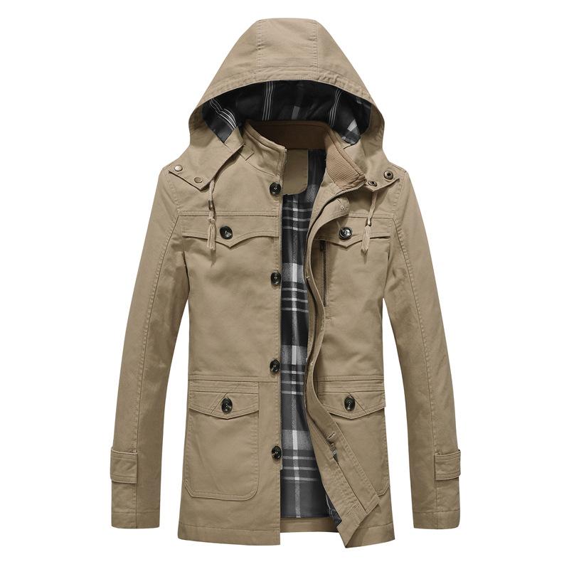 Autumn And Winter Men'S Fleece Thickened Jacket Cotton Washed Medium And Long Hooded Jacket