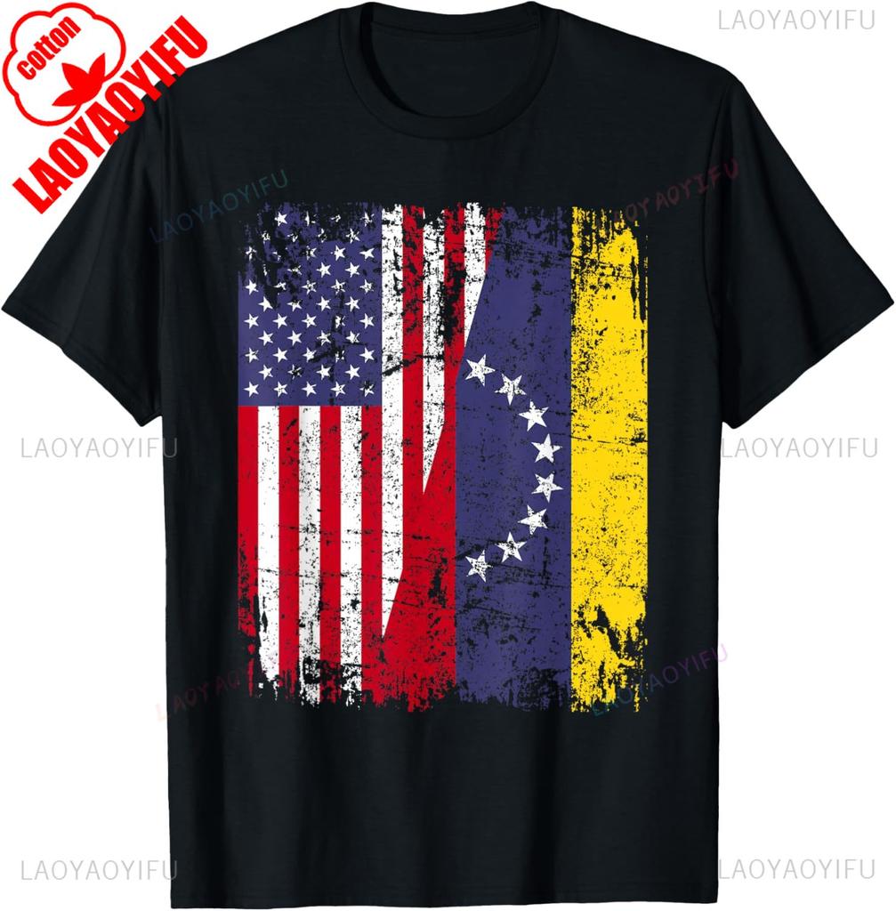 Venezuelan Roots Half American Flag Cotton TShirt Summer Casual Patriotic Gift Lightweight Breathable Trendy for Unisex WOMEN
