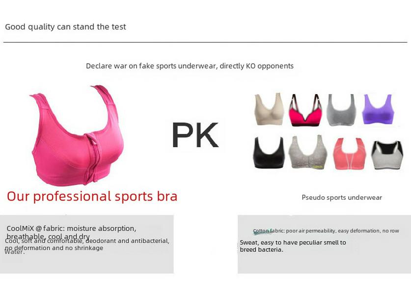 Profesionální sportovní podprsenka s vysokou pevností, odolná proti nárazům, se zapínáním na zip vpředu, bez kostic