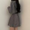 Corduroy Sashes Dresses Women Korean Preppy Puff Sleeves Casual A Line Mini Dress Harajuku Elegant All Match Solid Dress