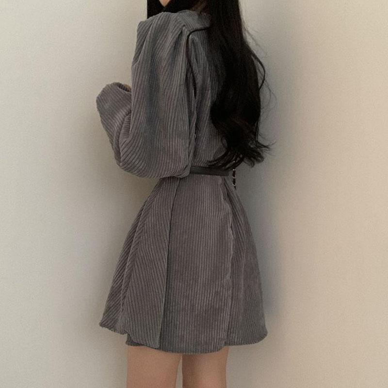 Corduroy Sashes Dresses Women Korean Preppy Puff Sleeves Casual A Line Mini Dress Harajuku Elegant All Match Solid Dress