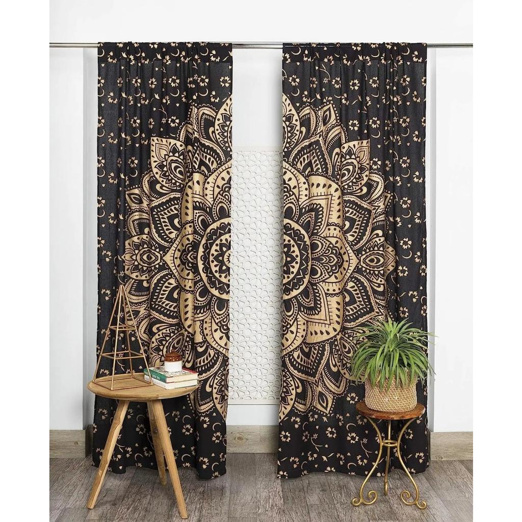 3D Print Black and Gold Hippy Mandala Curtain 2 Pieces Free Shipping Thin Curtains Room Bohemian Decoration Bedroom Living Room