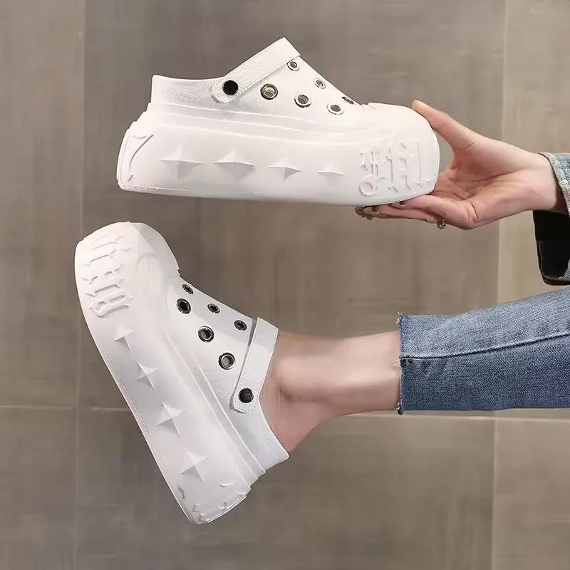 Fashion 9CM Synthetic Microfiber Leather Chunky Sneakers Slippers Platform Wedge Sandals Slipper Flats Summer Women Hollow Sneaker Shoes