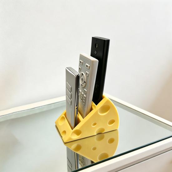 Remote Control Holder with 3 Compartments 3D-Printed Cheese-Shaped Desk Organizer for Table Nightstand Home Office