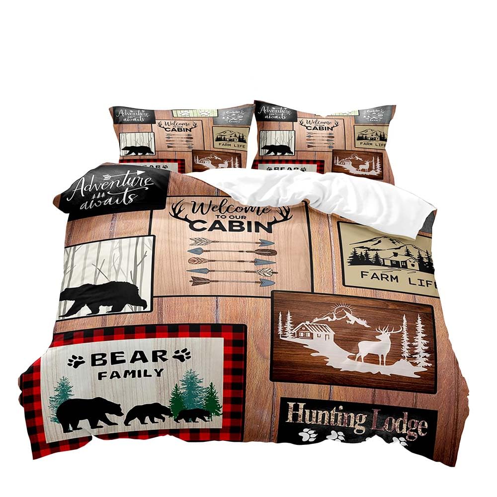 Schwarzbär Hirsch Bettbezug 3-teiliges Set Waldtiere Elch Elch Bettwäscheset Weiche Mikrofaser Bettdeckenbezug mit 2 Kissenbezügen