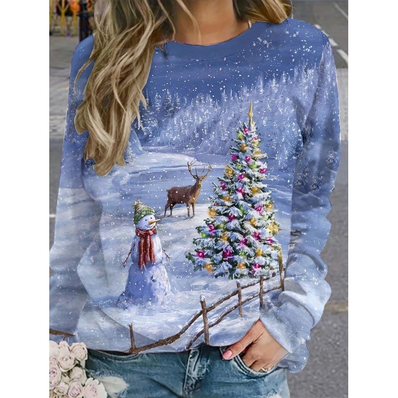 Autumn and Winter Ladies Christmas Kitten 3D Printed Crew Neck Long Sleeve T-Shirt