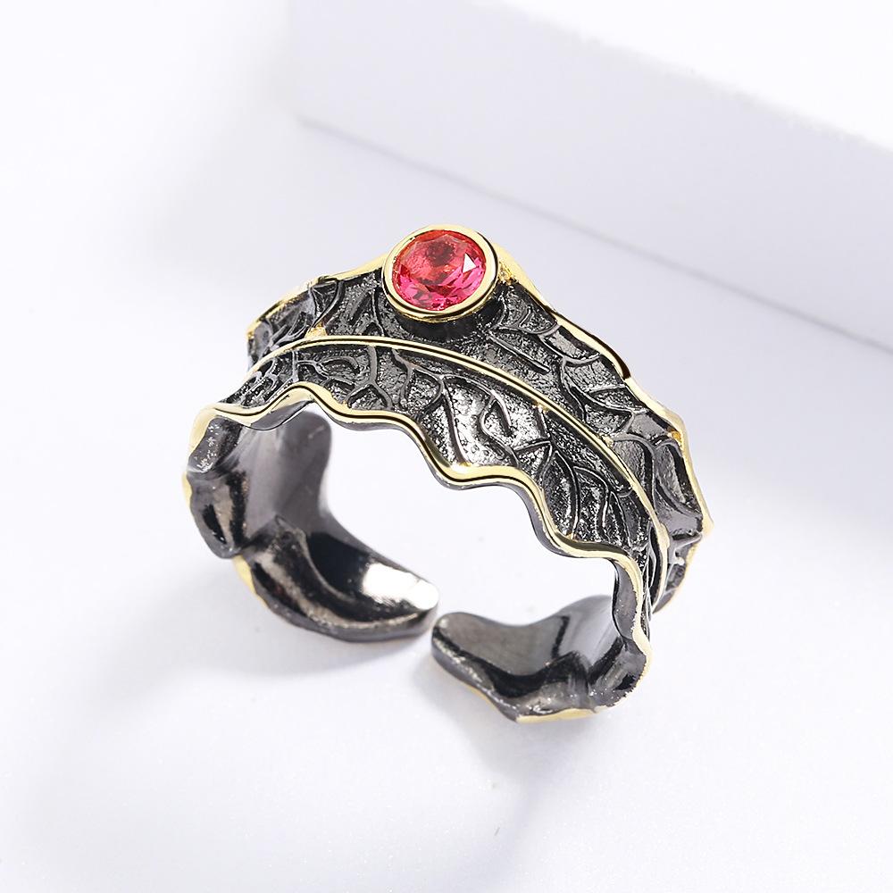 Natural Zircon Boutique Retro Style Open Ring Handmade Womens Black Gold Two Color Jewelry