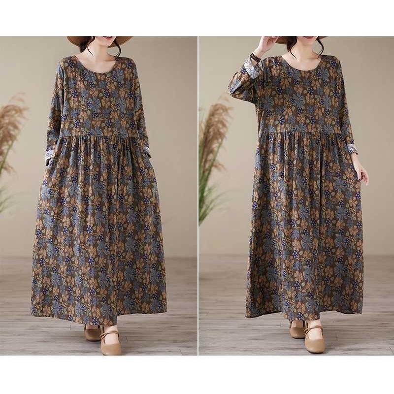 Printed Round Neck Loose Plus Size Long Sleeve Plus Cover Up Dresses