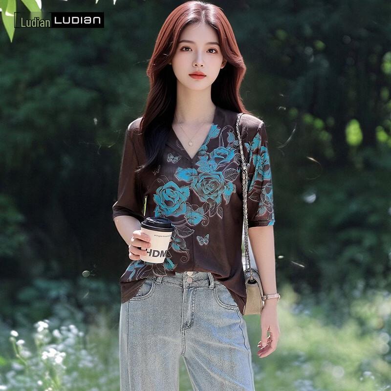 LUDIan Women s Summer V-Neck Floral T-Shirt 4XL