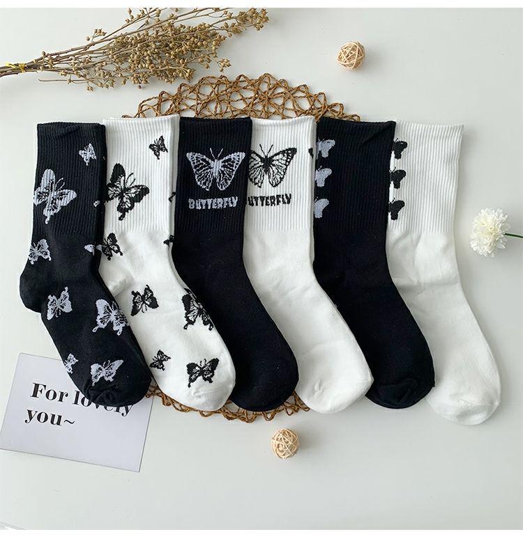 Butterfly Women's Spring Mid-Calf Black & White Scrunched Socks - Trendy Street Sport Style