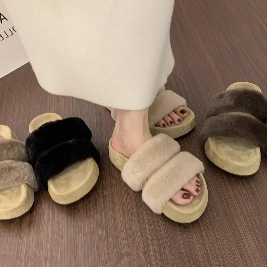 BEILIXUAN~ Mink hair word with thick bottom hair slippers women wear autumn and winter 2025 new fairy cotton slippers