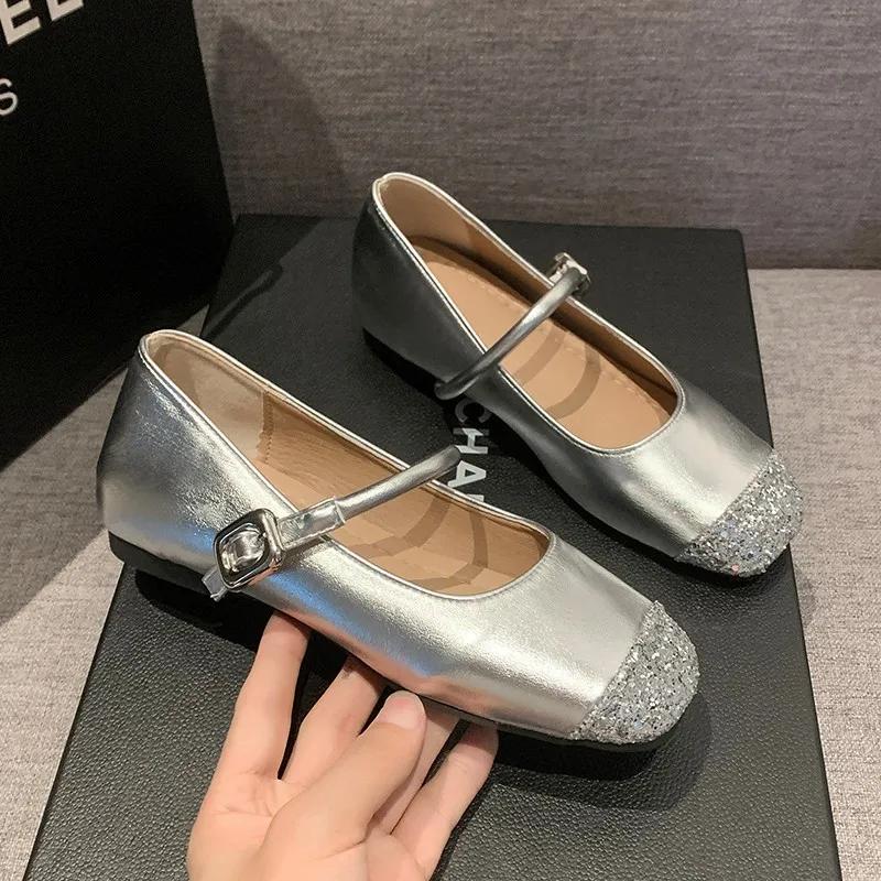 High Quality Women's Shoes Spring and Autumn Fashion Square Toe Shallow Mouth Sequin One-Word Buckle Women's Flat Shoes