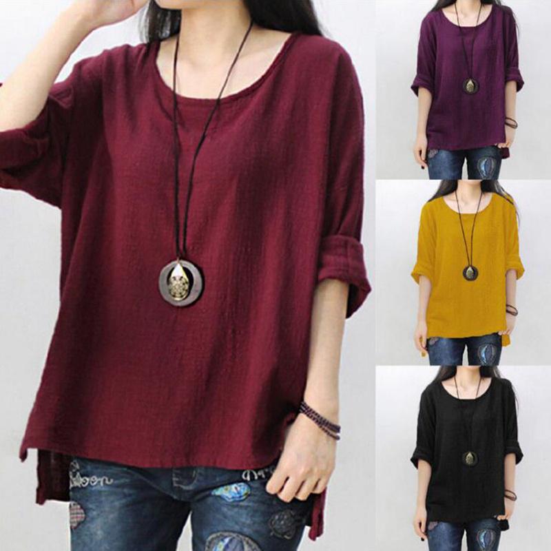 

Женские свободные простые однотонные хлопковые льняные блузки с коротким рукавом и круглым вырезом большого размера, рубашка
