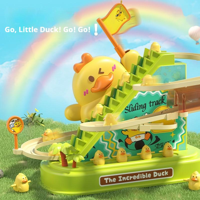 New Cute Refueling Duck Climbing Stairs Acousto-Optic Electric Series Duckling Rotating Slide Track Interactive Children'S Gifs