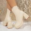 Plateau High Heel Kleine Stiefeletten Herbst Winter Neu Eckige Zehenpartie Blockabsatz Reißverschluss hinten Rutschfest Mid-Schaft Skinny Stiefel
