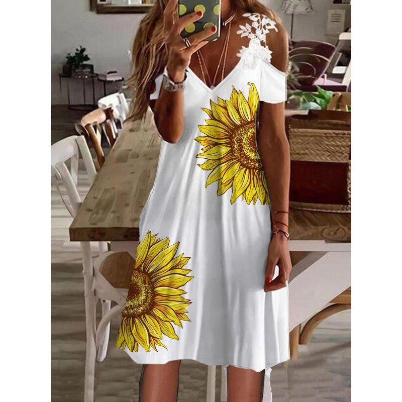 Vestido de Verano con Hombros Descubiertos de Encaje y Manga Corta Nuevo Estampado Holgado Casual Vestidos de Fiesta Moda Femenina Elegante Línea A Talla Grande Ropa Dulce