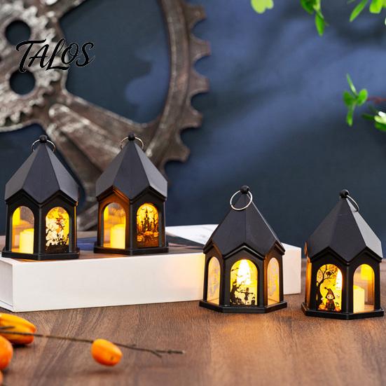 Flickering Candle Lights Halloween Pumpkin Lantern, Gothic House Shape LED Light Safe Night Lamps for Children Party, Spooky Table Centerpieces, Home