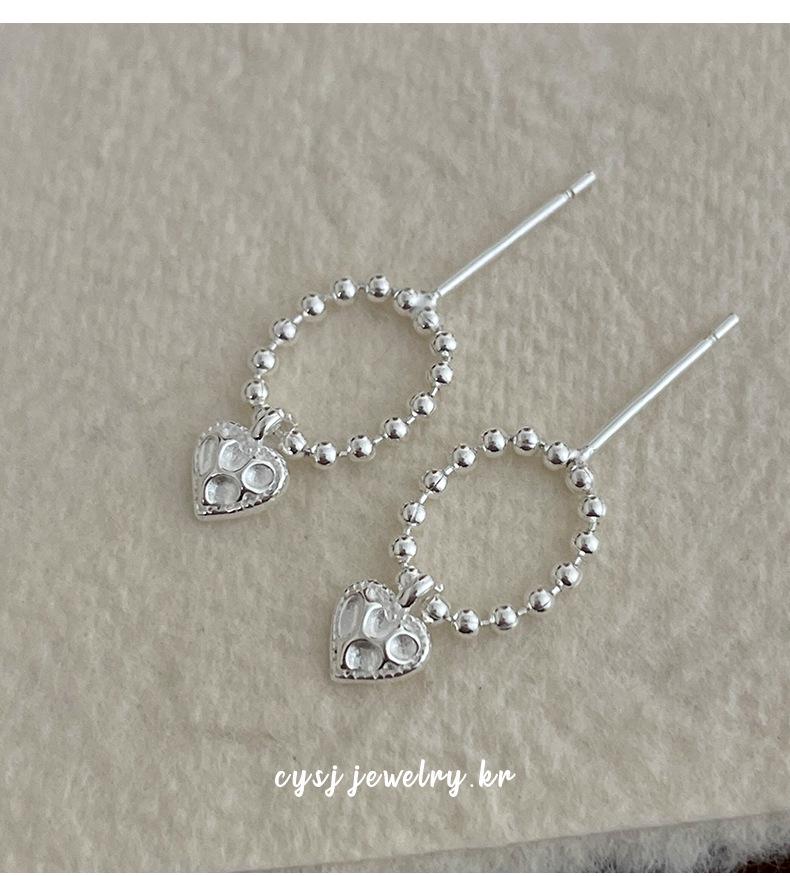 Cui Yan Shi Jie S925 Sterling Silver Heart-Shaped Korean Style Textured Beaded Stud Earrings for Women - 2025