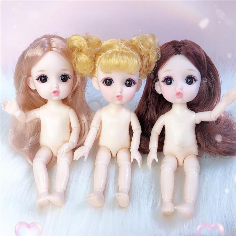 1 Set Nude Doll 3D Simulation Eyes 13 Joint Black Long Hair 1/8 17Cm Doll Plastic Doll Head Toys With Gold Brown Hair Kids Gift
