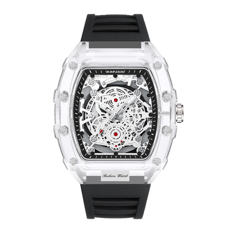 Fashionable Casual Men's Watch Luminous Calendar Function Silicone Strap Tonneau Shaped Transparent Case Men Quartz Watch Reloj