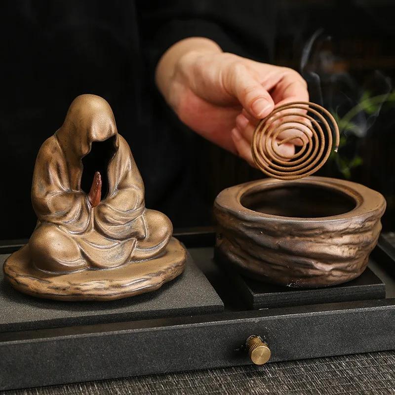 Ceramic No Face Buddha Meditation Incense Burner Backflow Monk Incense Holder Office Sculpture Decoration Incense Burner