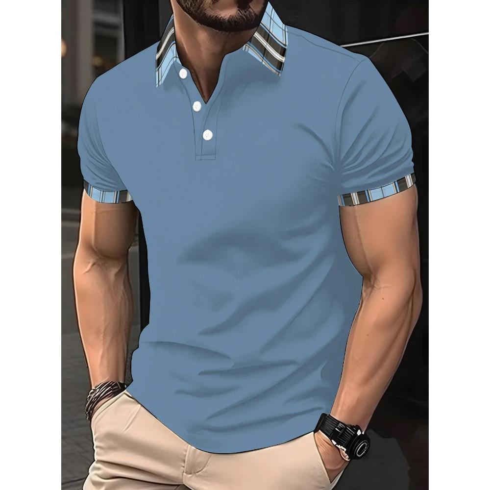 

Summer New Men Clothes Short Sleeve Fashion Pure Color Stand Collar Polo Shirt 3XL синій