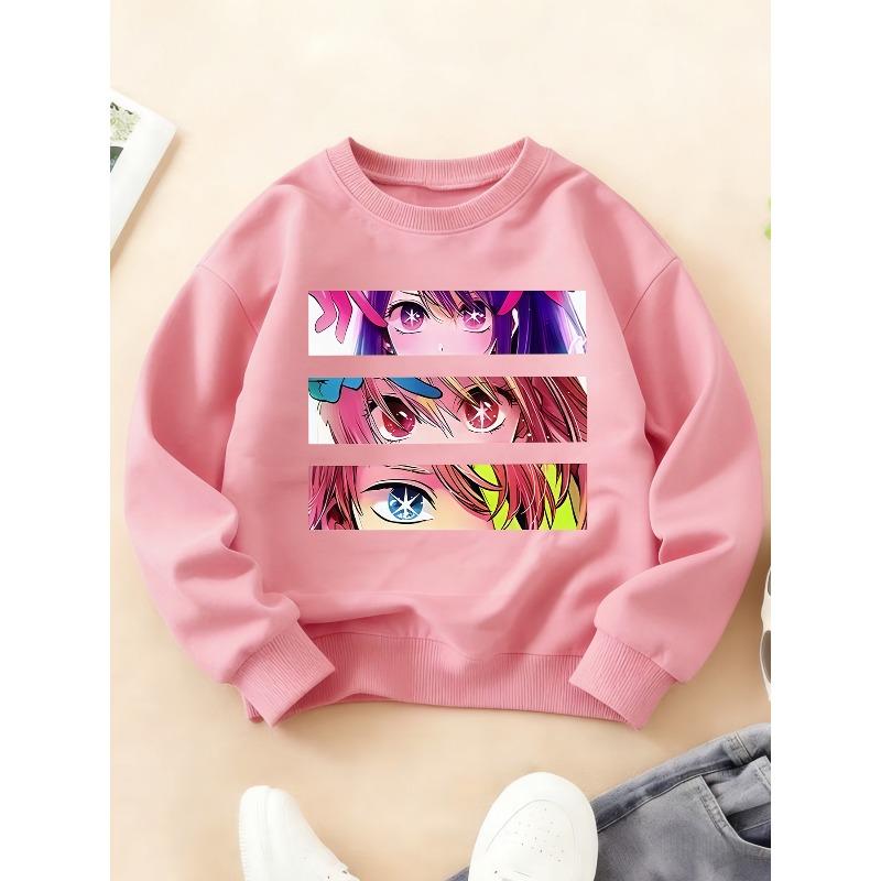 Kidss Crewneck Long Sleeve Sweatshirt, Manga Style 2D Girl Eye Panel Graphic Print