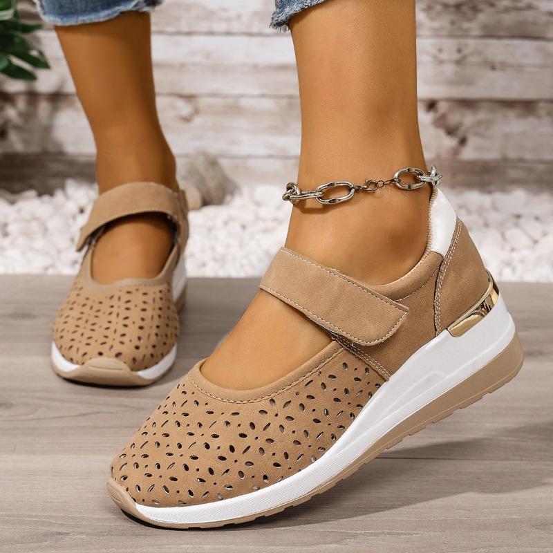 Women's Summer Breathable Hollow Lightweight Sports Slip-On Shoes With Velcro Strap, Wedge Sole, Available In Large Sizes.