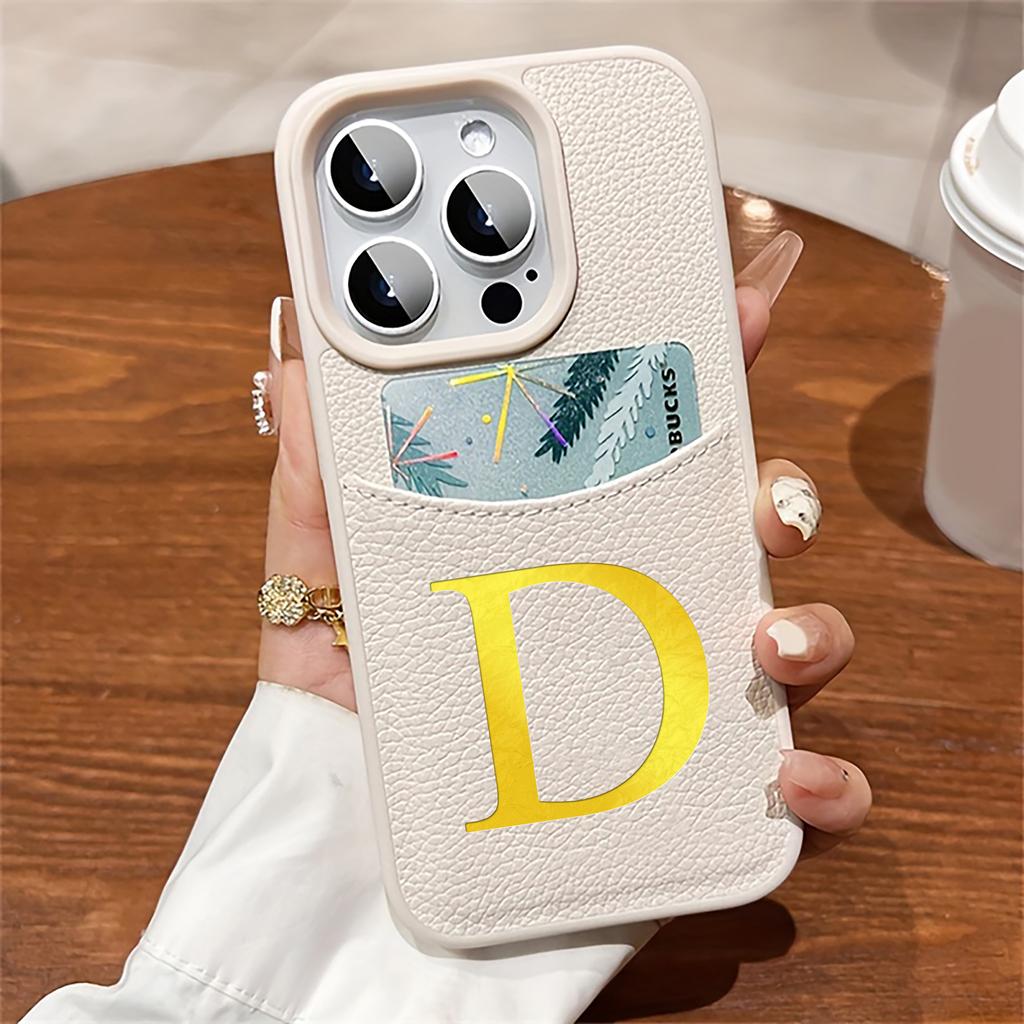 Custom Name Initial Big Letter Insert Card Phone Case For iPhone 16 15 14 13 12 Pro Max Plus Hot Foil Stamping Faux Leather Case