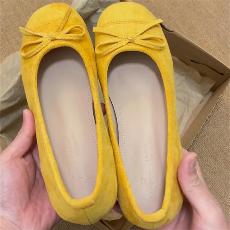 Xiaoxiangfeng Shallow Mouth Single Shoes Women's 2025 Autumn New Bow Flat Beanie Shoes Gentle Yellow Ballet Shoes