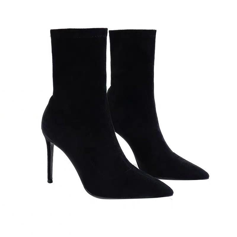 Autumn And Winter Short Boots Women'S High-Heeled Elastic French Black Pointed-Toed Thin-Heeled Thin Boots Suede White Boots Temperament