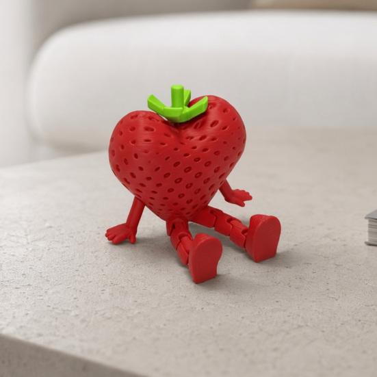 3D Printed Fruit Figure with Movable Joints, Collectible Articulated Red Strawberry Figurine for Home Office Executive Desk Decor