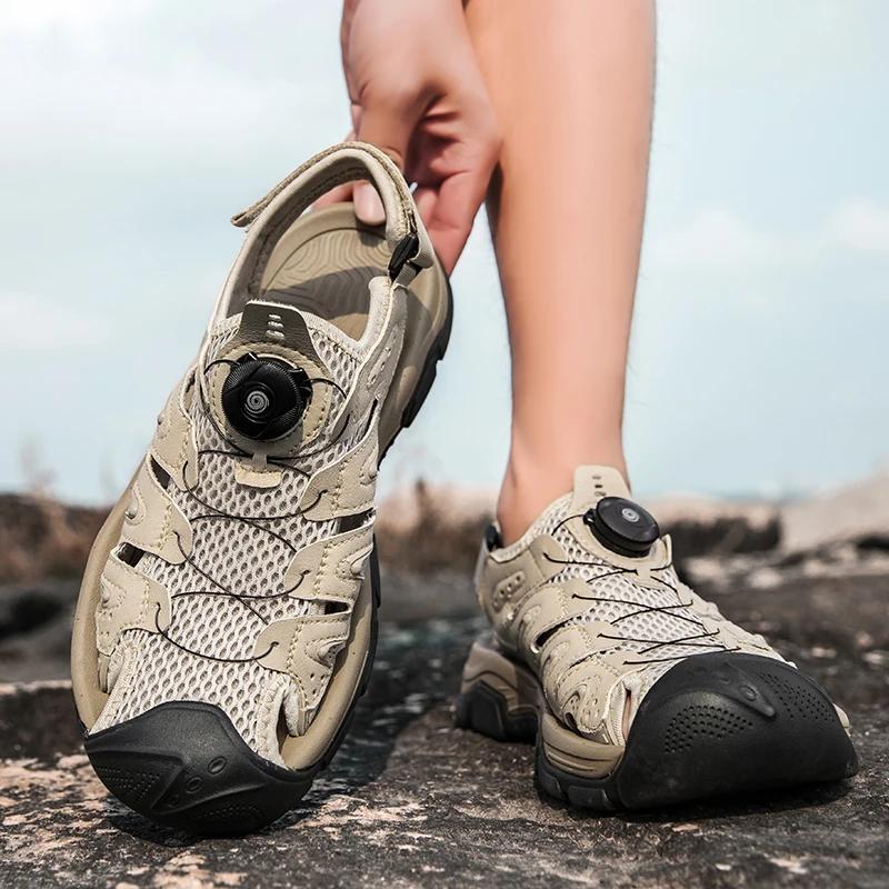 Fashion Summer Men British Style Walking Sandals Genuine Leather Casual Leather Outdoor Beach Shoe Breathable Antiskid Sandals Plus Size