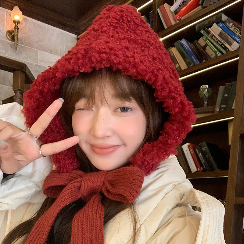 Fluffy  Year Red Hat Solid Color Anti-Cold Lambswool Cap For Women Winter Warmer Beanie Ear Protection Hat