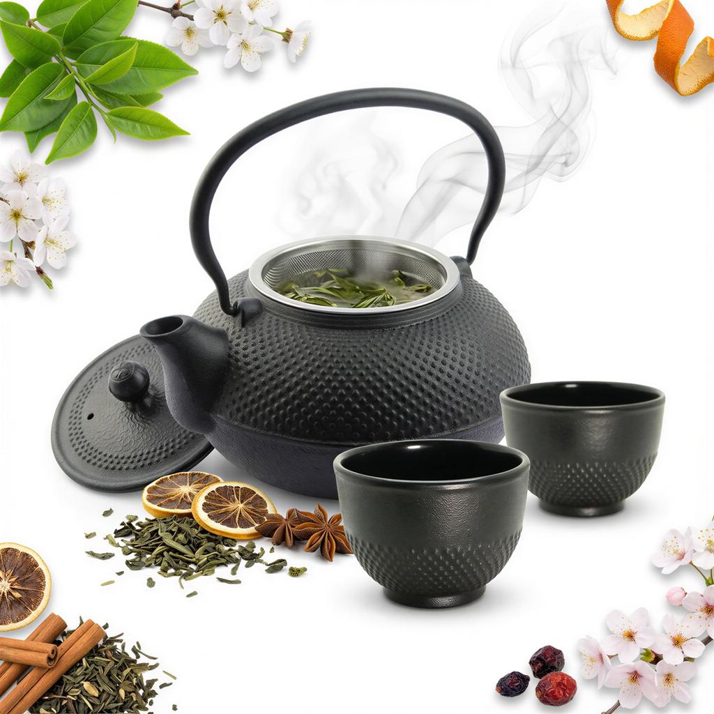 CAST IRON KETTLE 1.5L TEA INFuser with Strainer SET OF 2 CUPS