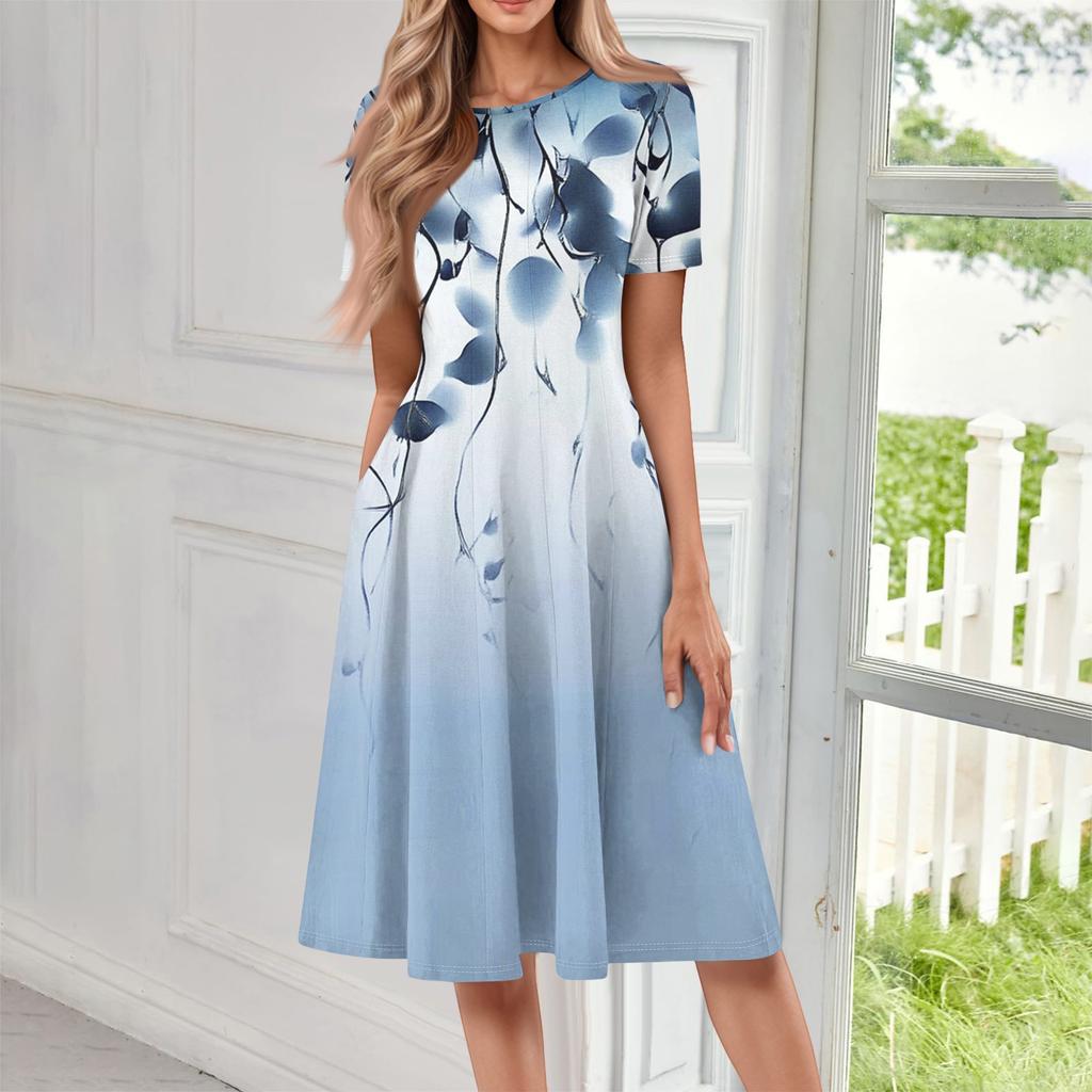 Women's Casual Fashion Round Neck Short Sleeve Print Midi Dress