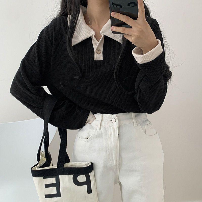 College Style POLO Collar Long Sleeved T-shirt for Women In Spring and Autumn  New Style with Interior and Base  Versatile Ins Top