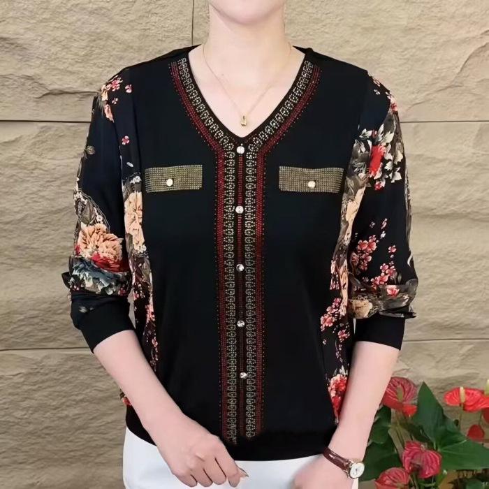 

Женская футболка с V-образным вырезом и длинными рукавами, со стразами, свободного кроя, стройнящая, больших размеров, для осени 5XL чёрный