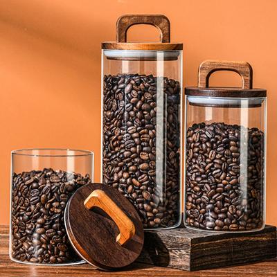 Transparent Glass Sealed Jar Coffee Bean Storage Jar Cereal Jar Tea Sealed Jar with Wooden Lid and Handle