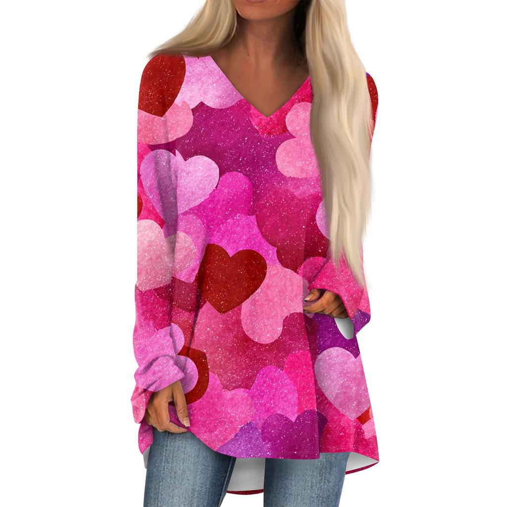 Women's Fashionable Casual Long-Sleeved Valentine's Day Print V-Neck Mid-Length Top