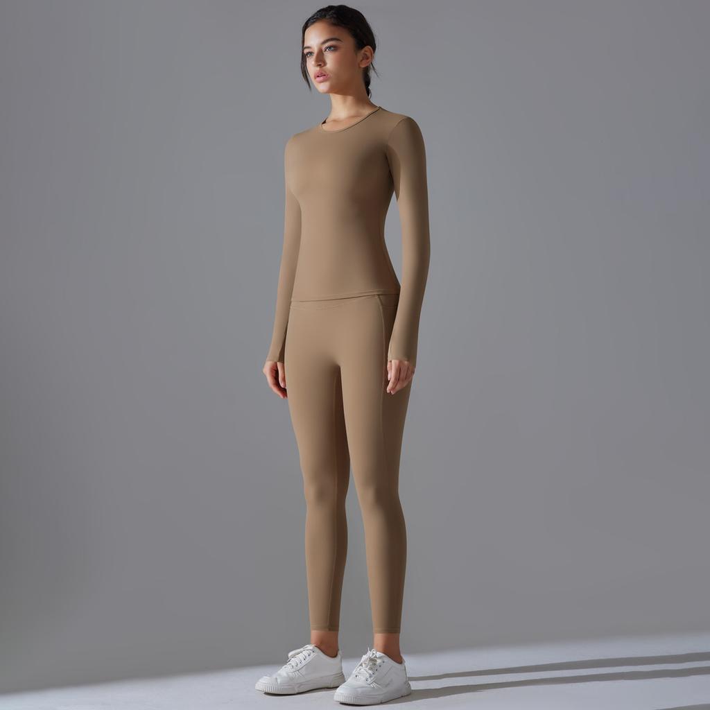 Solid Color Double-sided Brushed Breathable High-elastic Tight-fitting Long-sleeved Yoga Wear Sports Running Fitness Two-piece Set