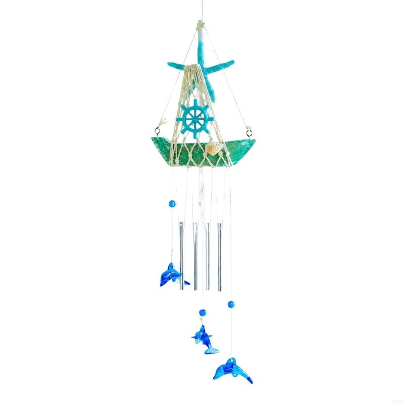 Sailboats Wind Chimes with Rope Net Detailing, Dolphins Pendants and Starfishes Features for Indoor Hanging Display