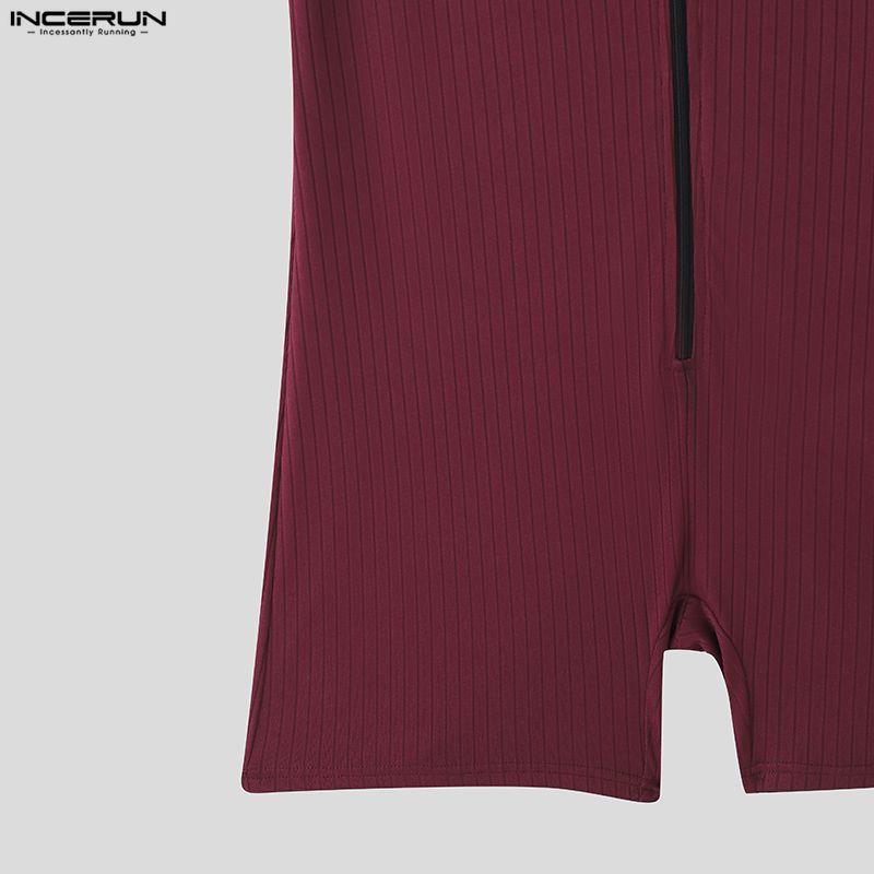 INCERUN Men Short Sleeve Zip-up Rib Jumpsuits Rompers Underwear